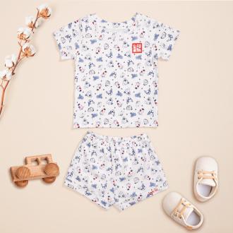 Bộ quần áo phông cộc tay cotton SU016, 12-18m, Chó trắng