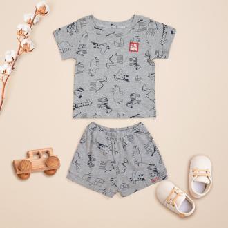 Bộ quần áo phông cộc tay cotton SU016, 12-18m, Ghi xám